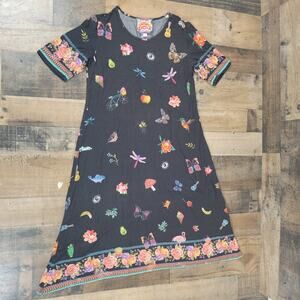 Johnny Was Womens Small Zooey Bordered Swing Dress‎ Stretch Boho Black Bamboo